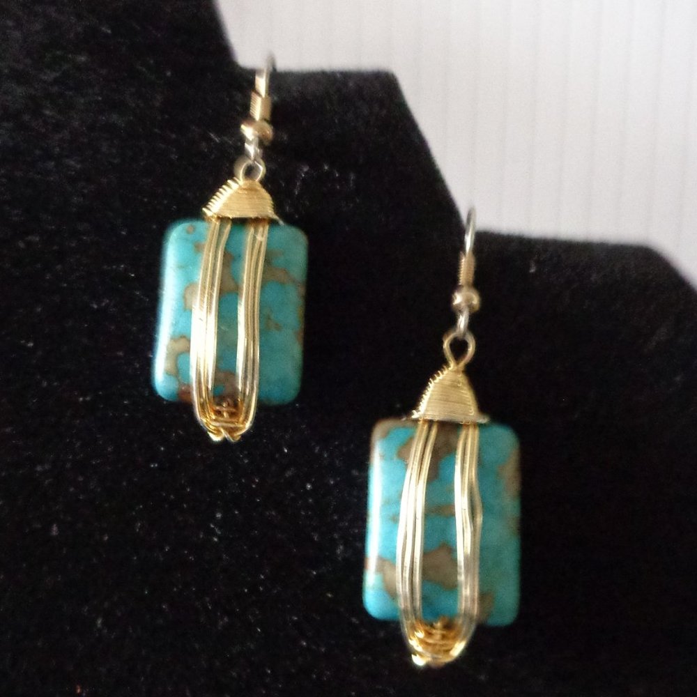 GOLD Wire Wrapped Natural TURQUOISE Dangle EARRINGS 1.5" Handmade